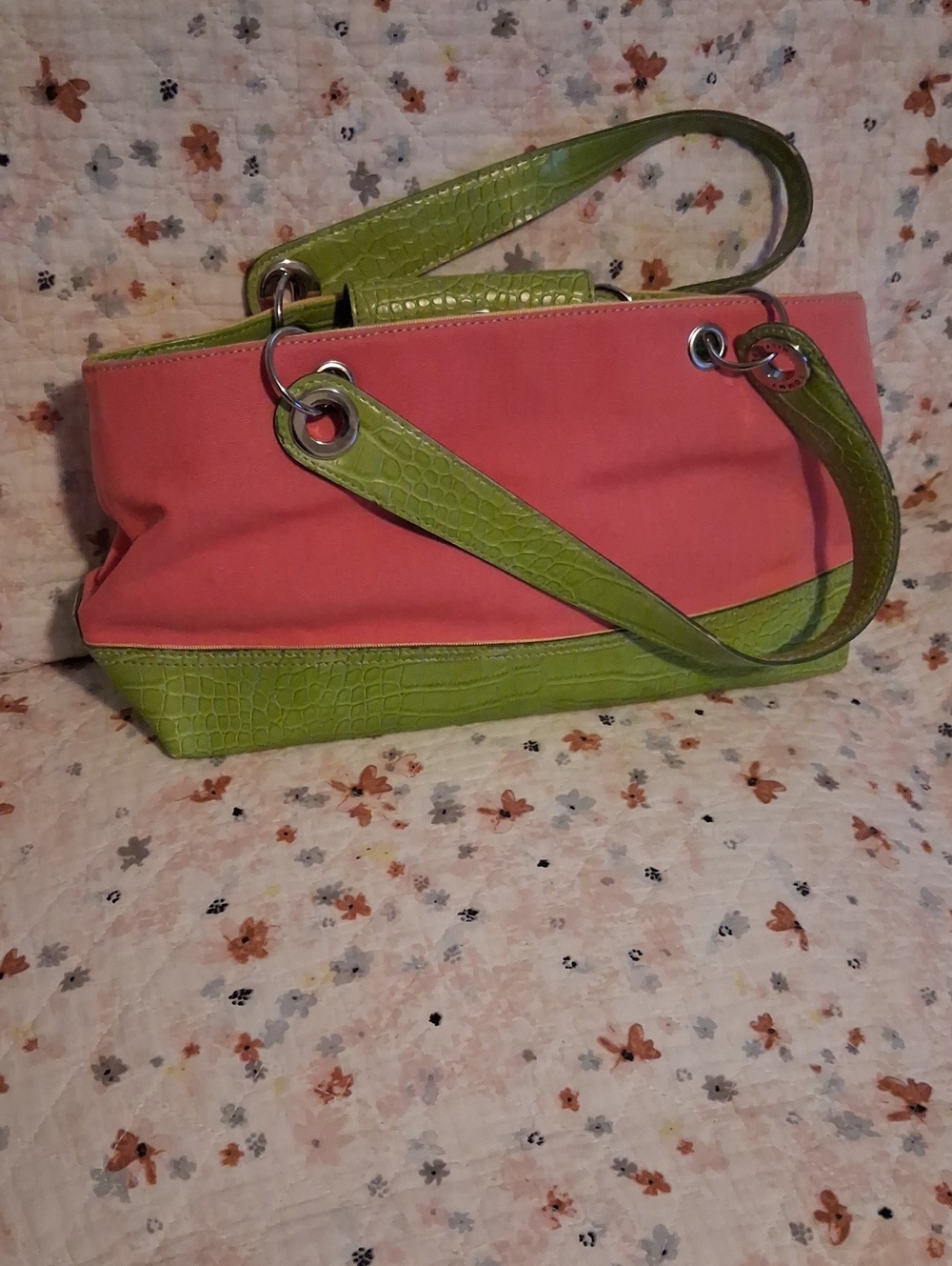 Tommy Hilfiger Pink and Lime Green Shoulder Tote